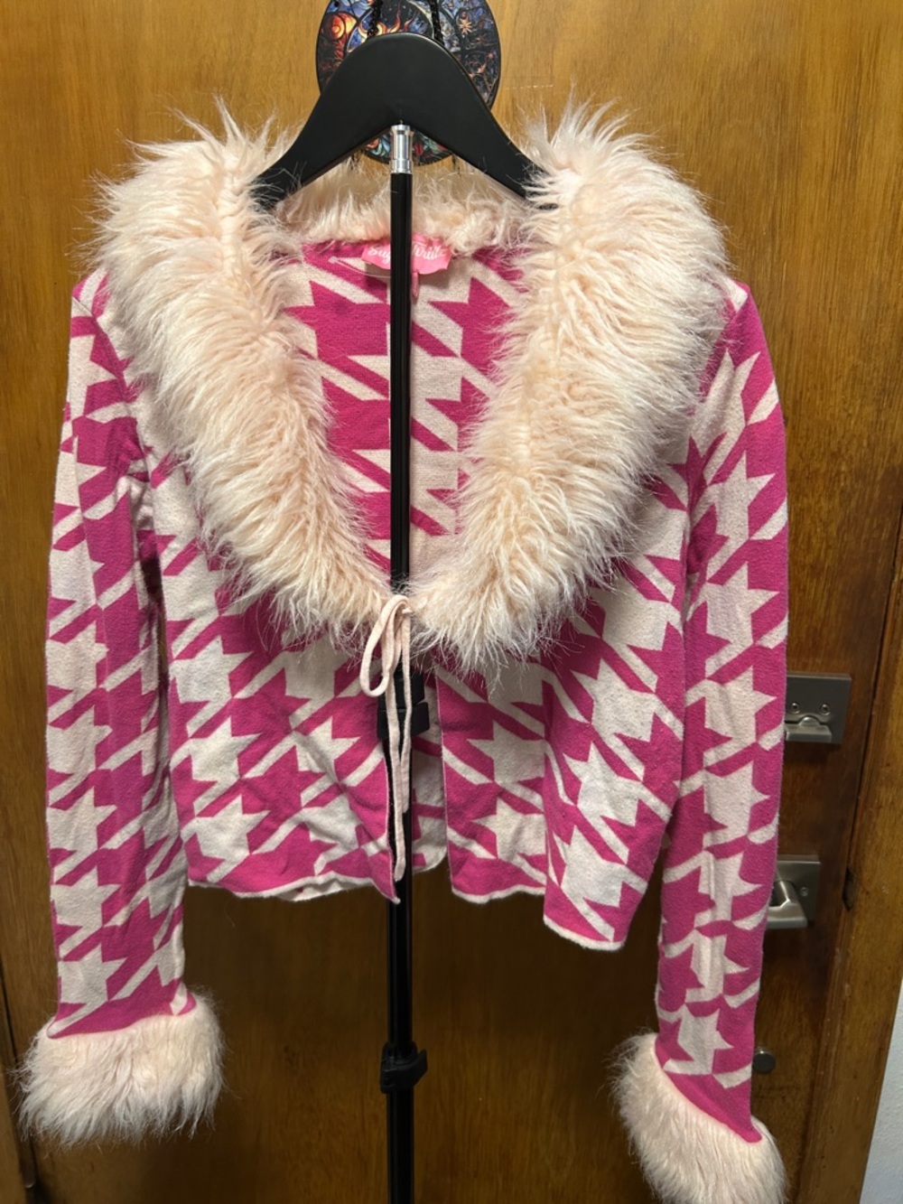 Sugar Thrillz Pink & Cream Houndstooth Faux-Fur Trim Blazer Cardigan